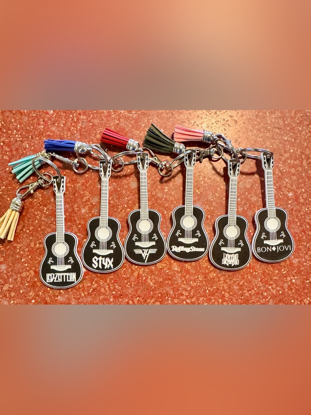 1 Designed by me engraved acrylic Guitar Key Chain/purse charm made to order